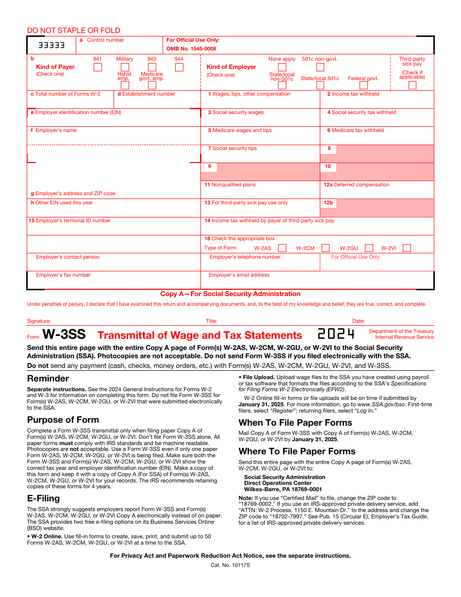 IRS Form W-3SS Download Printable PDF Or Fill Online Transmittal Of ...