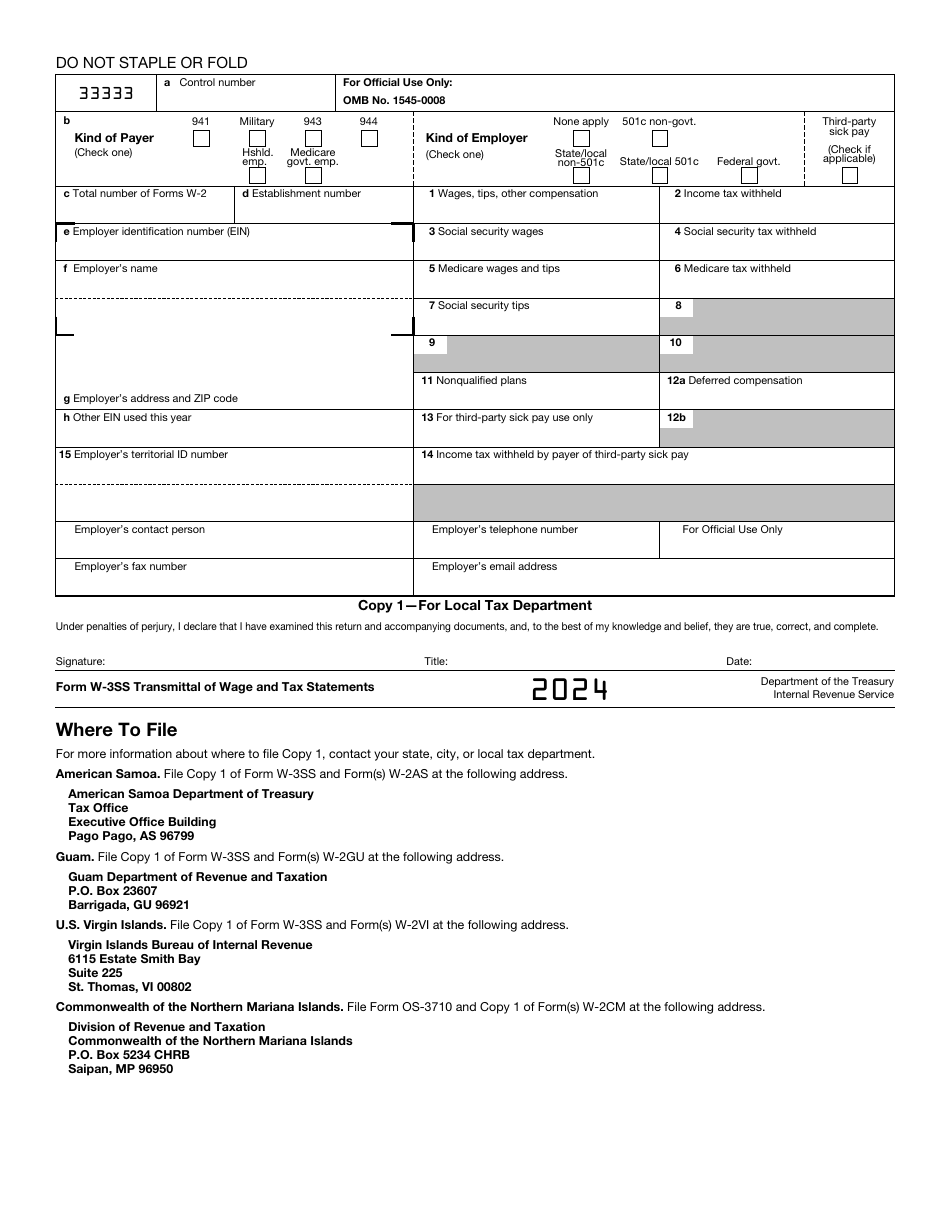 IRS Form W3SS Download Printable PDF or Fill Online Transmittal of