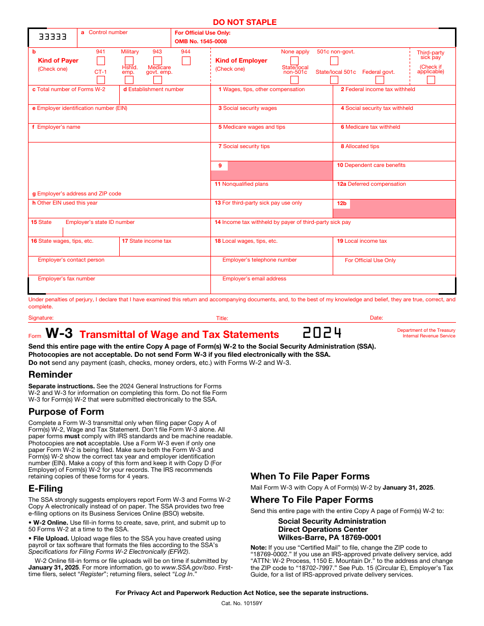 Irs Form W 3 Download Printable Pdf Or Fill Online Transmittal Of Wage And Tax Statements 2024