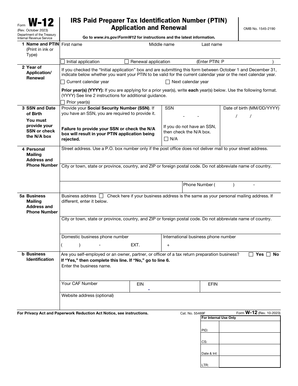 IRS Form W-12 IRS Paid Preparer Tax Identification Number (Ptin) Application and Renewal, Page 1