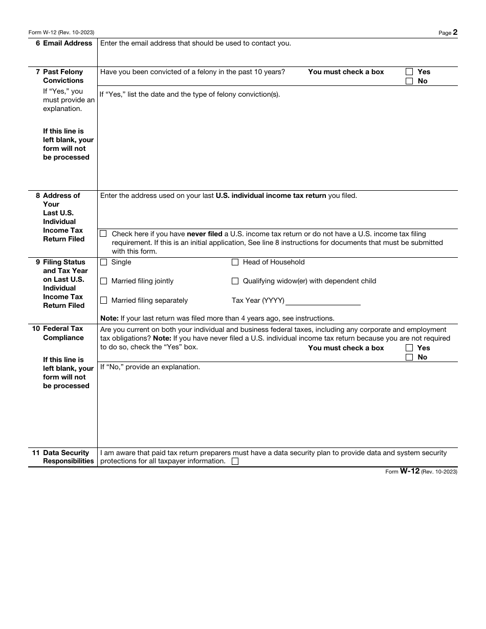 IRS Form W12 Download Fillable PDF or Fill Online IRS Paid Preparer