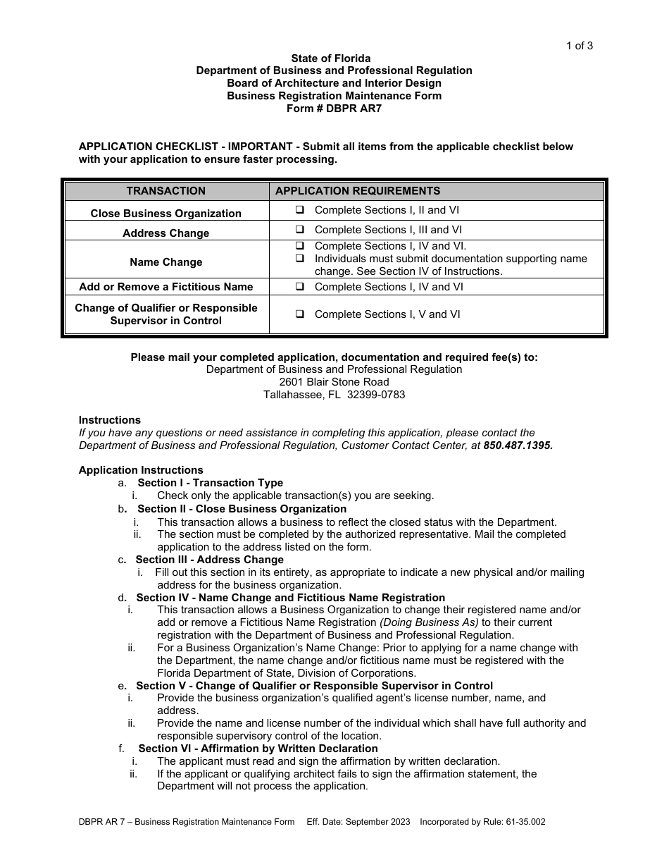 Form DBPR AR7 Business Registration Maintenance Form - Florida, Page 1