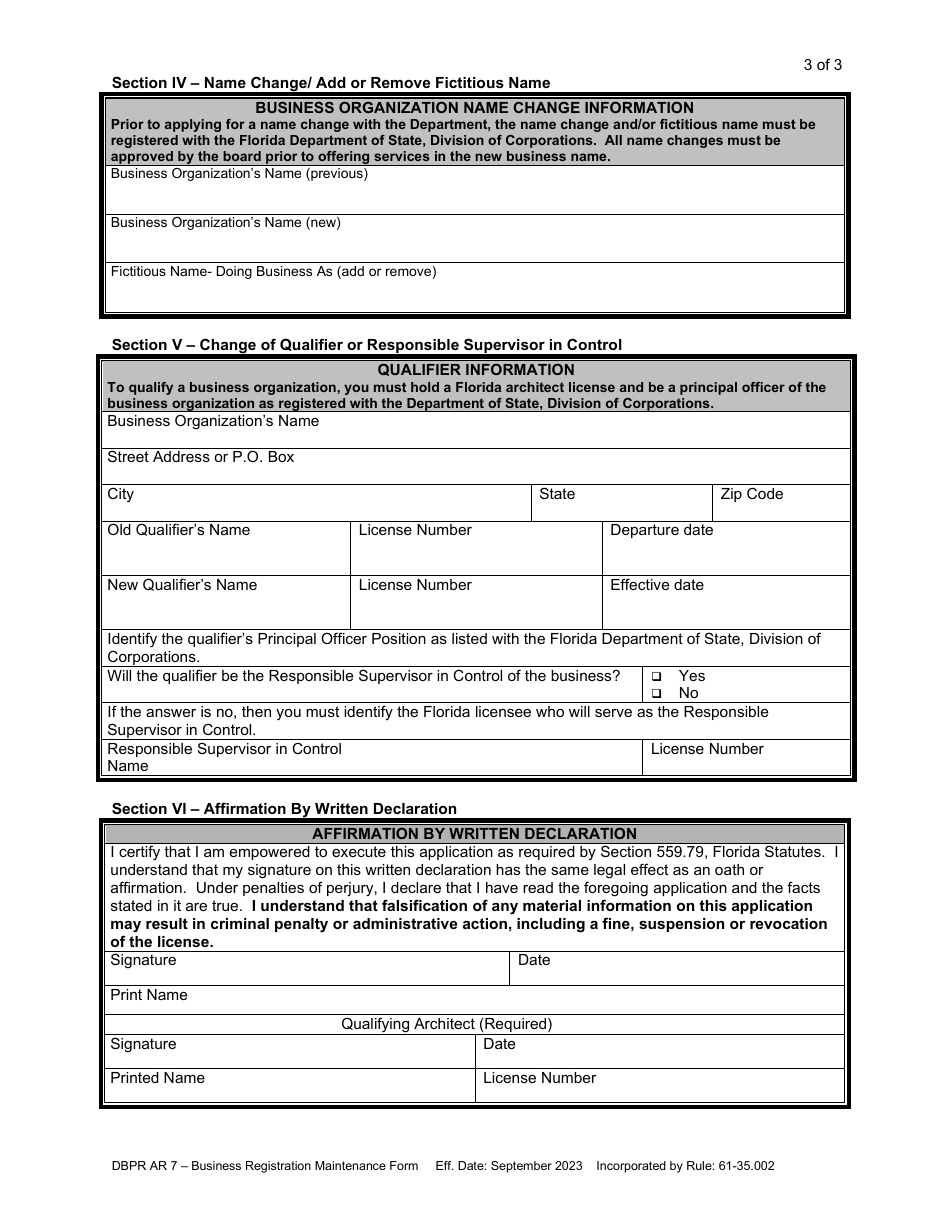Form DBPR AR7 Business Registration Maintenance Form - Florida, Page 3