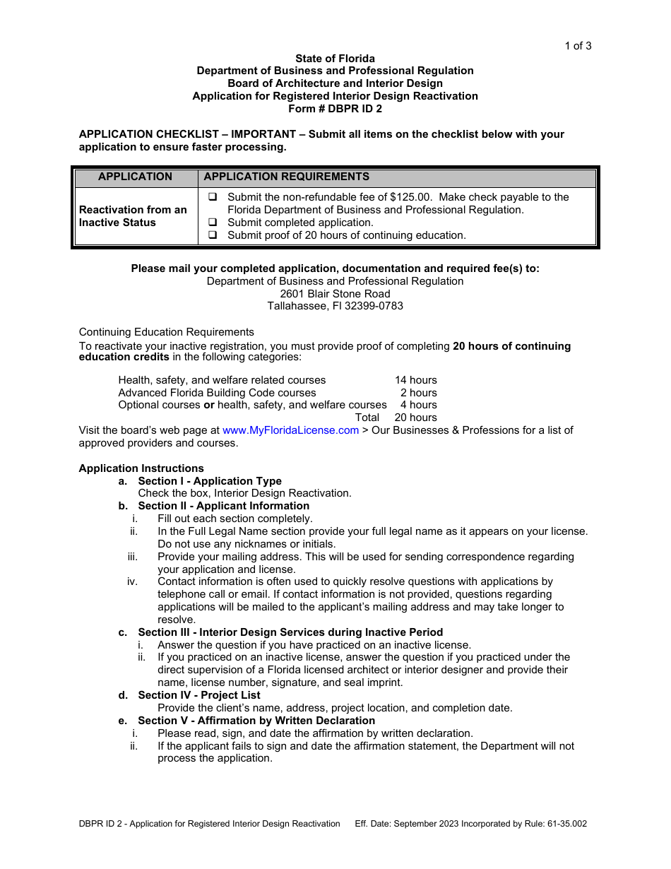 Form Dbpr Id2 Download Printable Pdf Or Fill Online Application For 