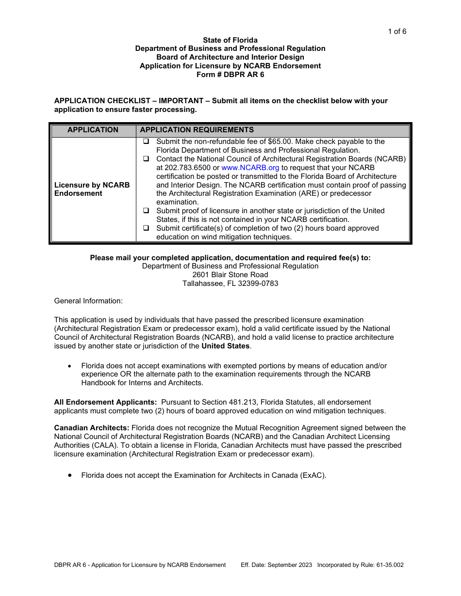 Form DBPR AR6 Application for Licensure by Ncarb Endorsement - Florida, Page 1