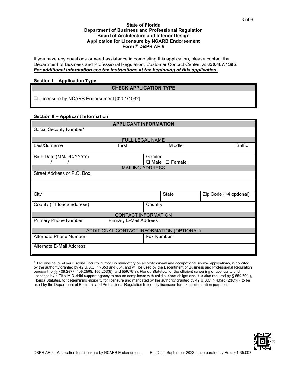 Form DBPR AR6 Application for Licensure by Ncarb Endorsement - Florida, Page 3