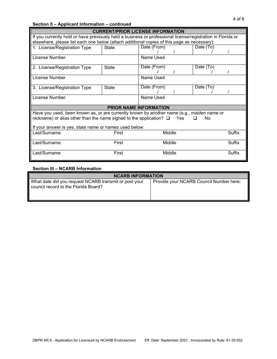 Form DBPR AR6 Application for Licensure by Ncarb Endorsement - Florida, Page 4