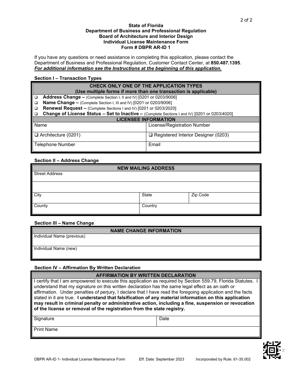 Form DBPR AR-ID1 Individual License Maintenance Form - Florida, Page 2