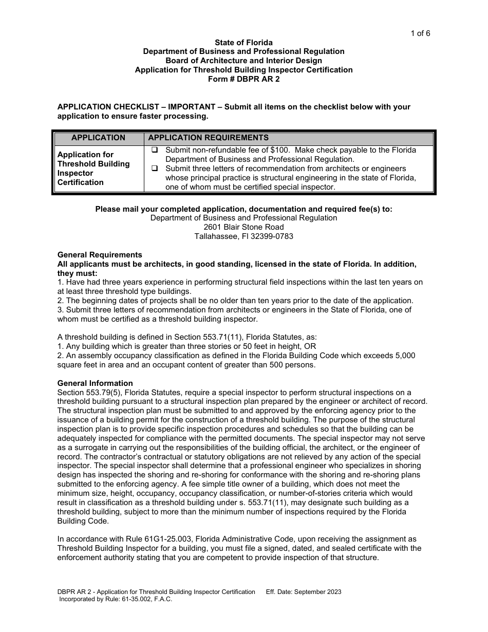 Form DBPR AR2 Application for Threshold Building Inspector Certification - Florida, Page 1