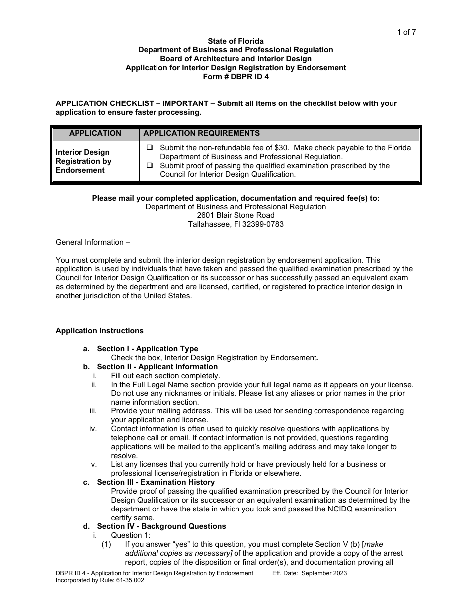 Form DBPR ID4 Application for Interior Design Registration by Endorsement - Florida, Page 1