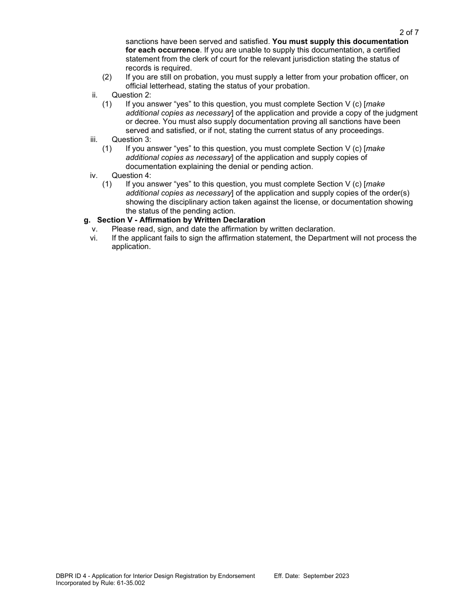Form DBPR ID4 Application for Interior Design Registration by Endorsement - Florida, Page 2