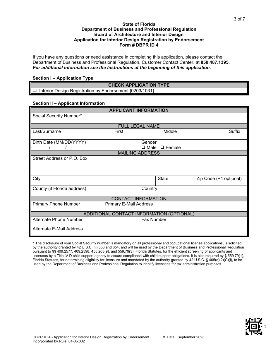 Form DBPR ID4 Application for Interior Design Registration by Endorsement - Florida, Page 3