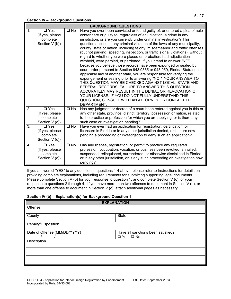 Form DBPR ID4 Application for Interior Design Registration by Endorsement - Florida, Page 5