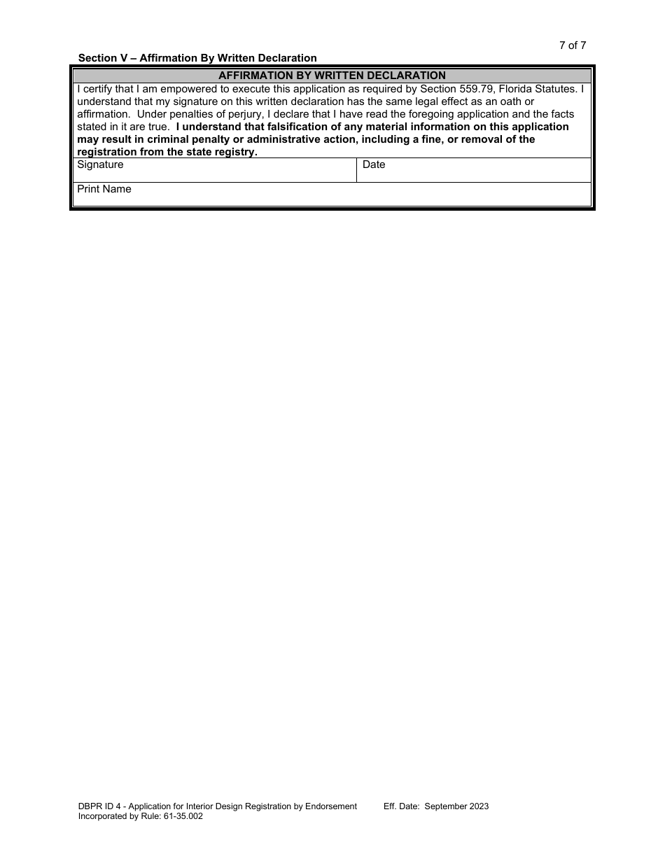 Form DBPR ID4 Application for Interior Design Registration by Endorsement - Florida, Page 7