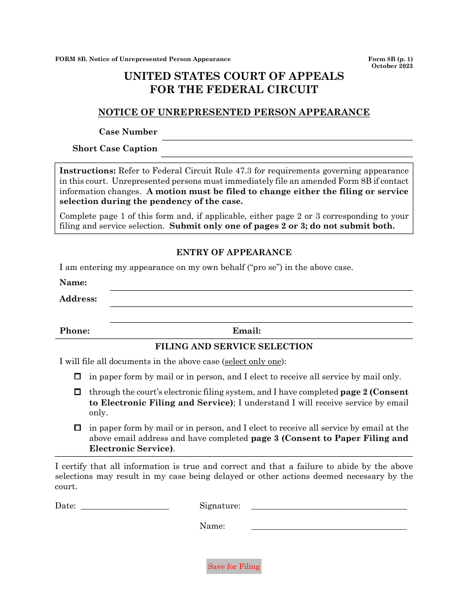 Form 8B Notice of Unrepresented Person Appearance, Page 1