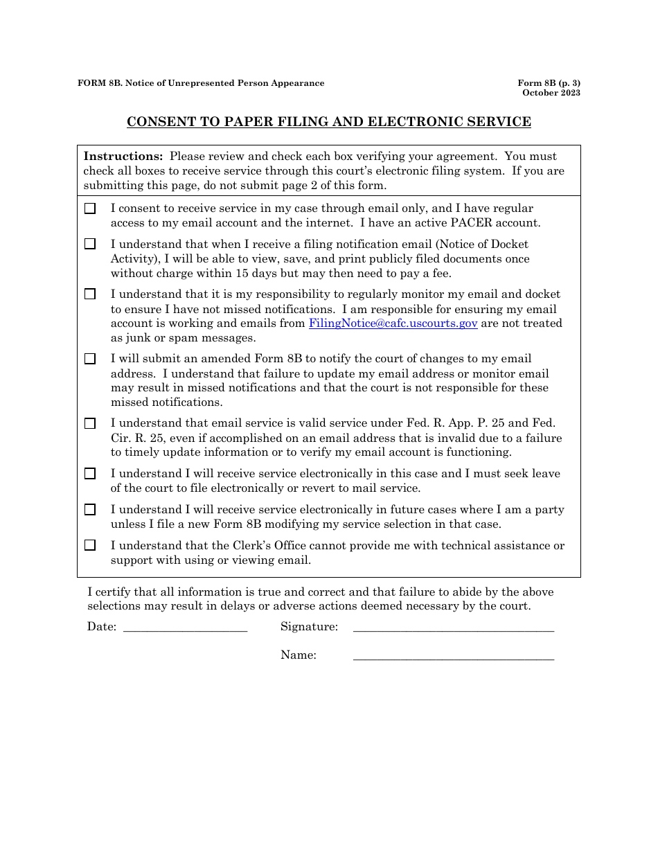 Form 8B Notice of Unrepresented Person Appearance, Page 3