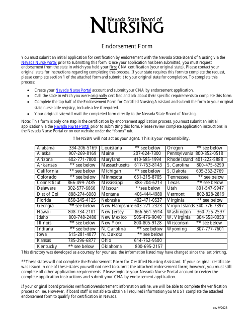 Endorsement Form for Certified Nursing Assistant - Nevada Download Pdf