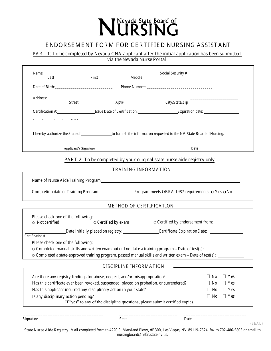 Endorsement Form for Certified Nursing Assistant - Nevada, Page 2