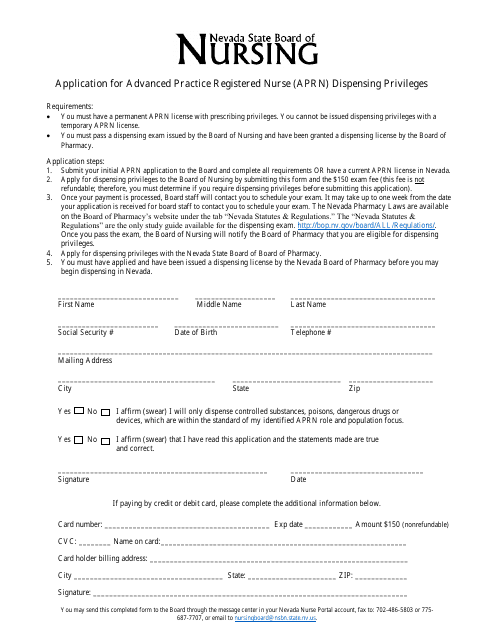 Application for Advanced Practice Registered Nurse (Aprn) Dispensing Privileges - Nevada Download Pdf