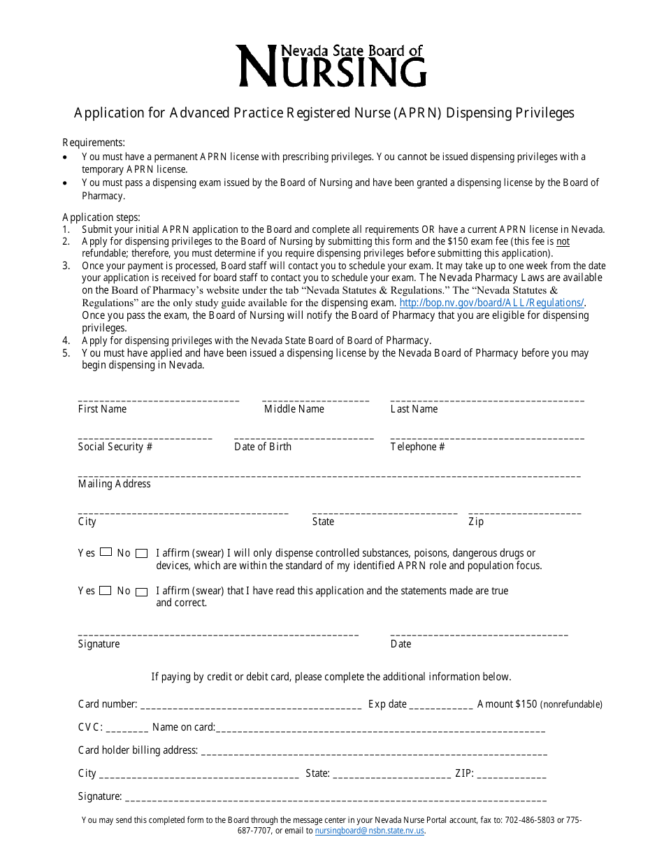 Application for Advanced Practice Registered Nurse (Aprn) Dispensing Privileges - Nevada, Page 1