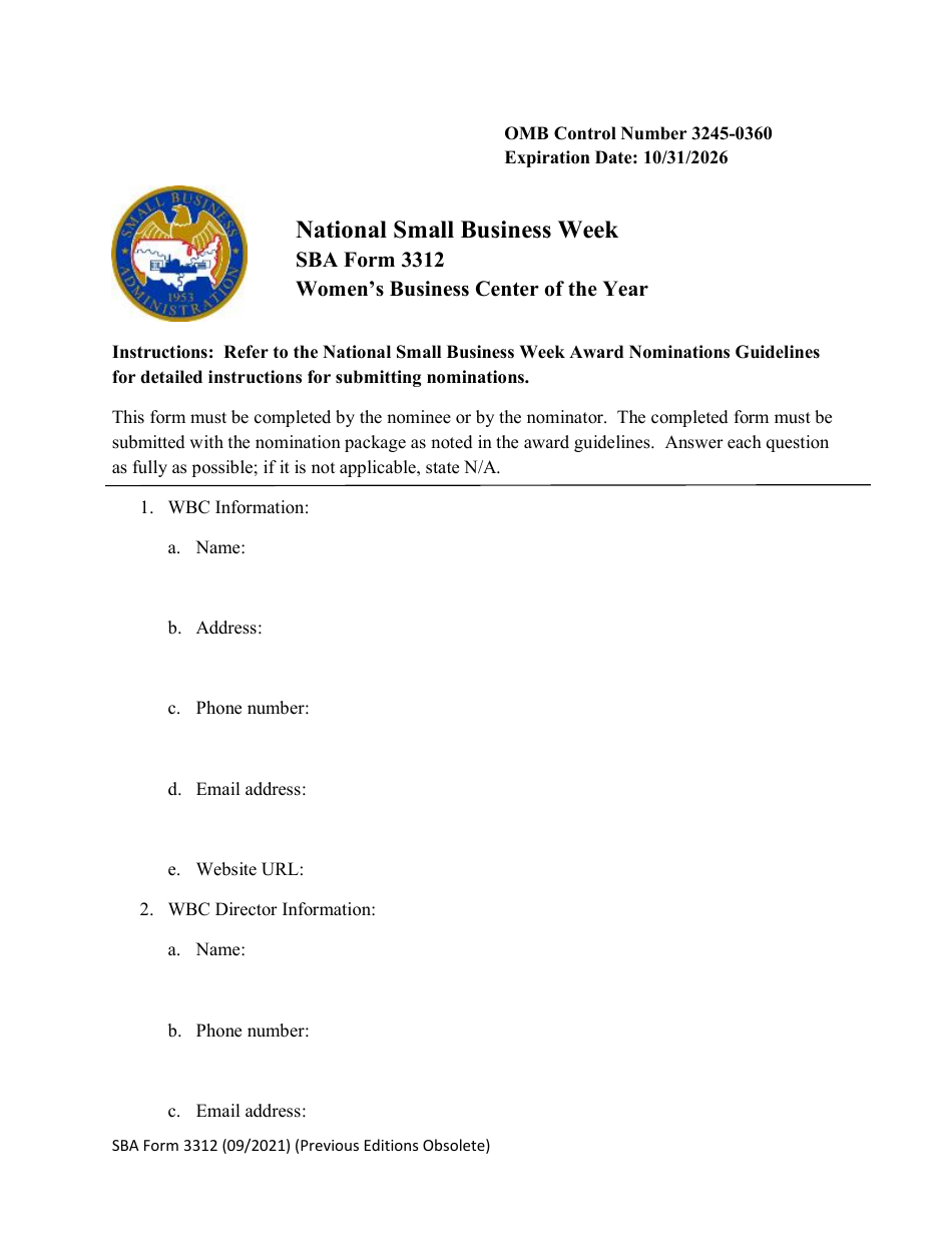 SBA Form 3312 Nomination Form for Womens Business Center of the Year Award - National Small Business Week, Page 1