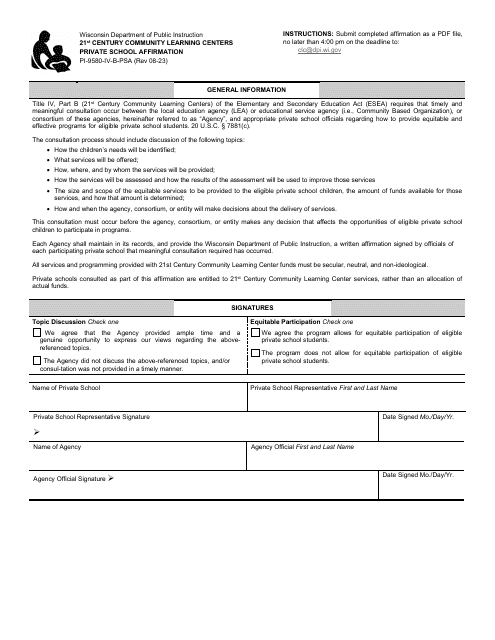 Form PI-9580-IV-B-PSA 21st Century Community Learning Centers Private School Affirmation - Wisconsin