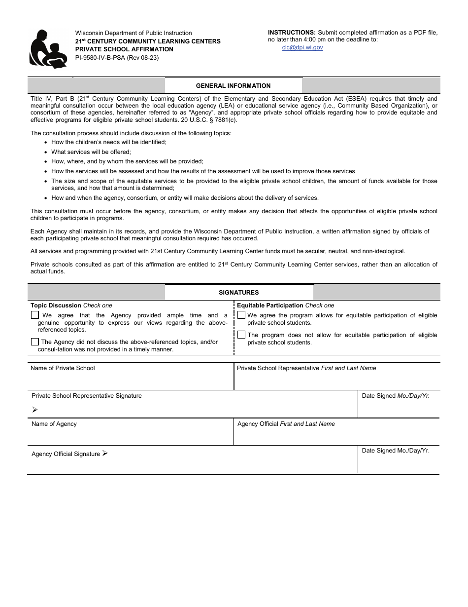 Form PI-9580-IV-B-PSA 21st Century Community Learning Centers Private School Affirmation - Wisconsin, Page 1