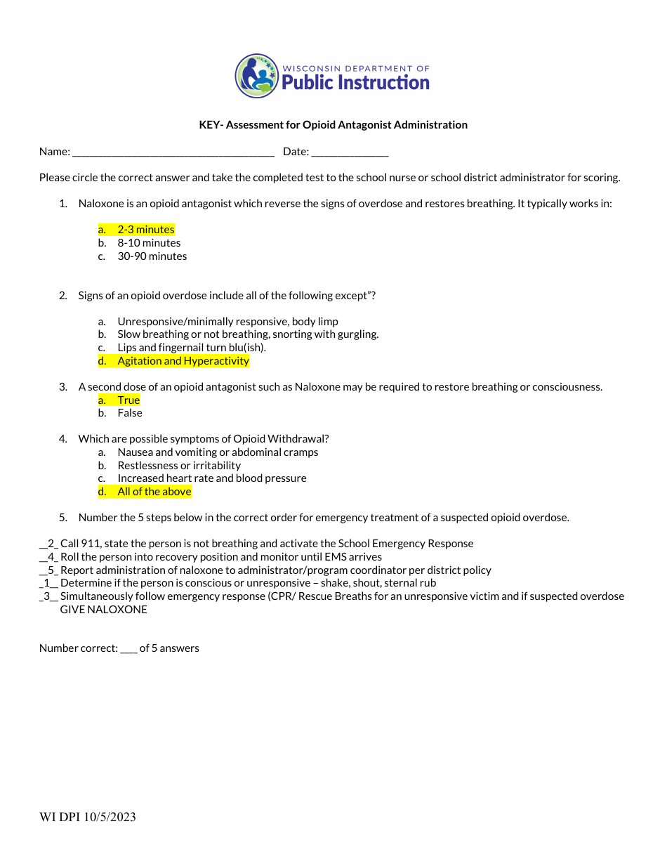 Key - Assessment for Opioid Antagonist Administration - Wisconsin, Page 1