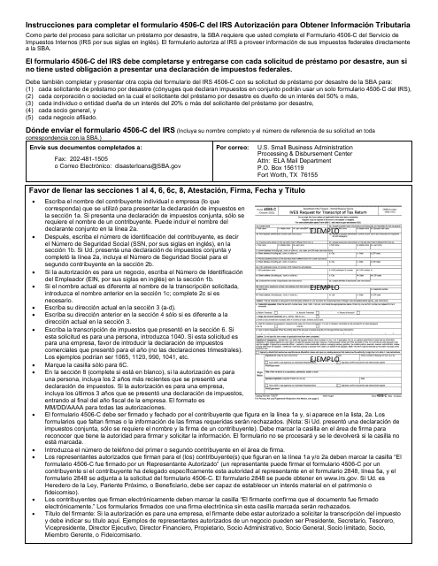 Instrucciones para IRS Formulario 4506-C Autorizacion Para Obtener Informacion Tributaria (SBA Disaster Loan) (Spanish)