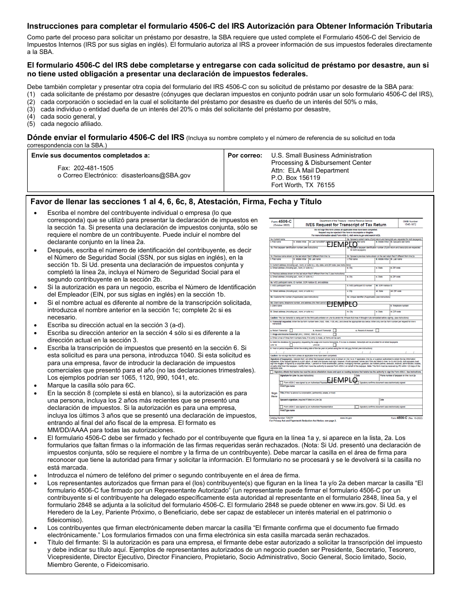 Instrucciones para IRS Formulario 4506-C Autorizacion Para Obtener Informacion Tributaria (SBA Disaster Loan) (Spanish), Page 1