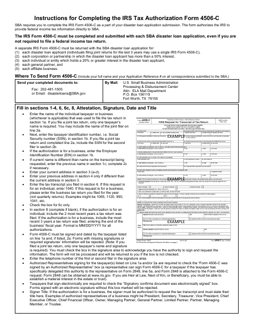 Instructions for IRS Form 4506-C Ives Request for Transcript of Tax Return (SBA Disaster Loan)
