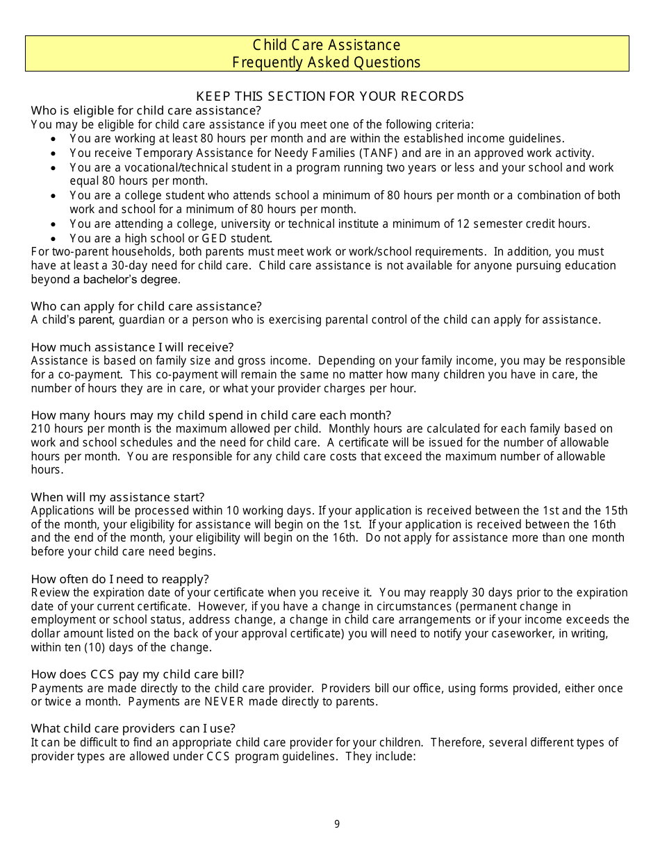 Form DSS-CC-950 Child Care Assistance Application - South Dakota, Page 9