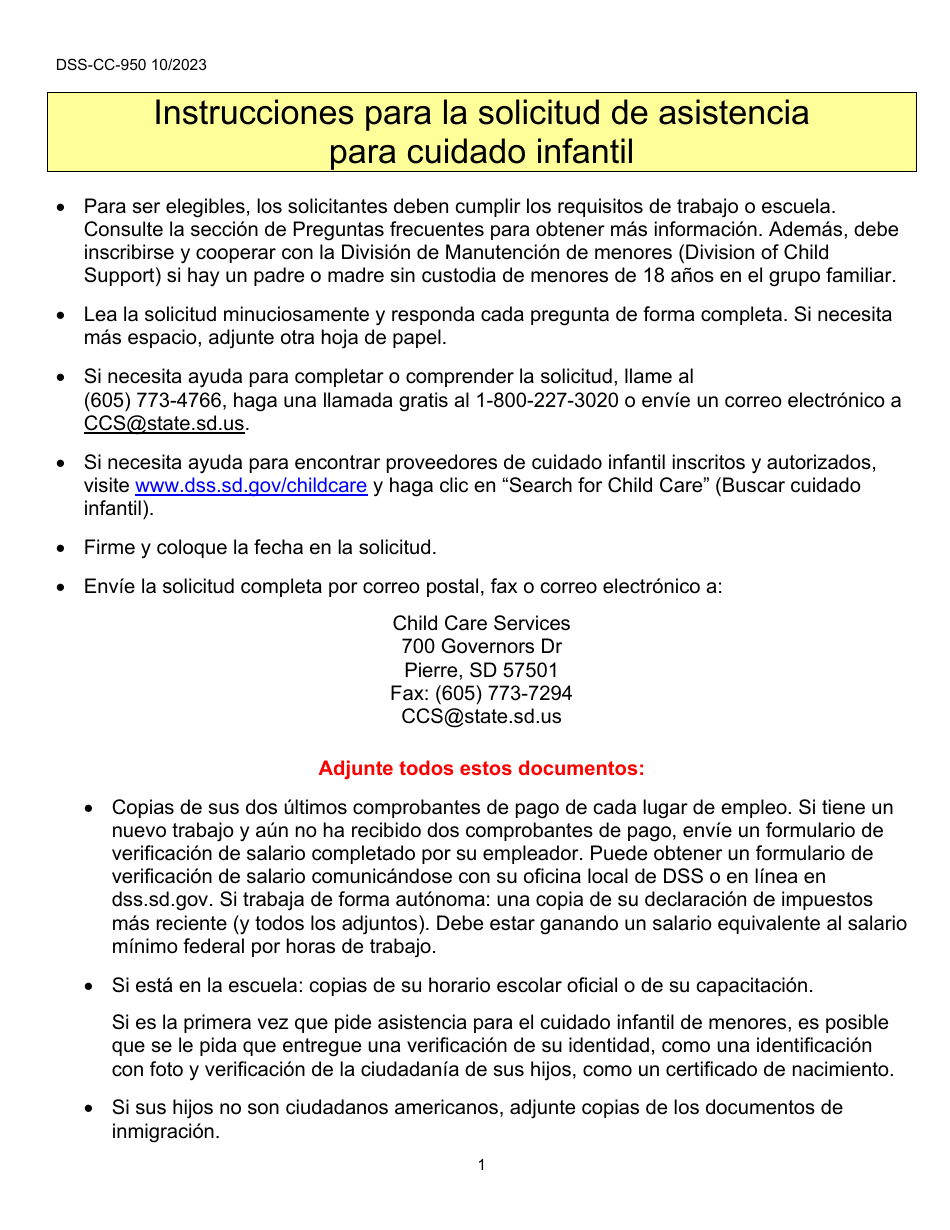 Formulario DSS-CC-950 Solicitud De Asistencia Para Cuidado Infantil - South Dakota (Spanish), Page 1