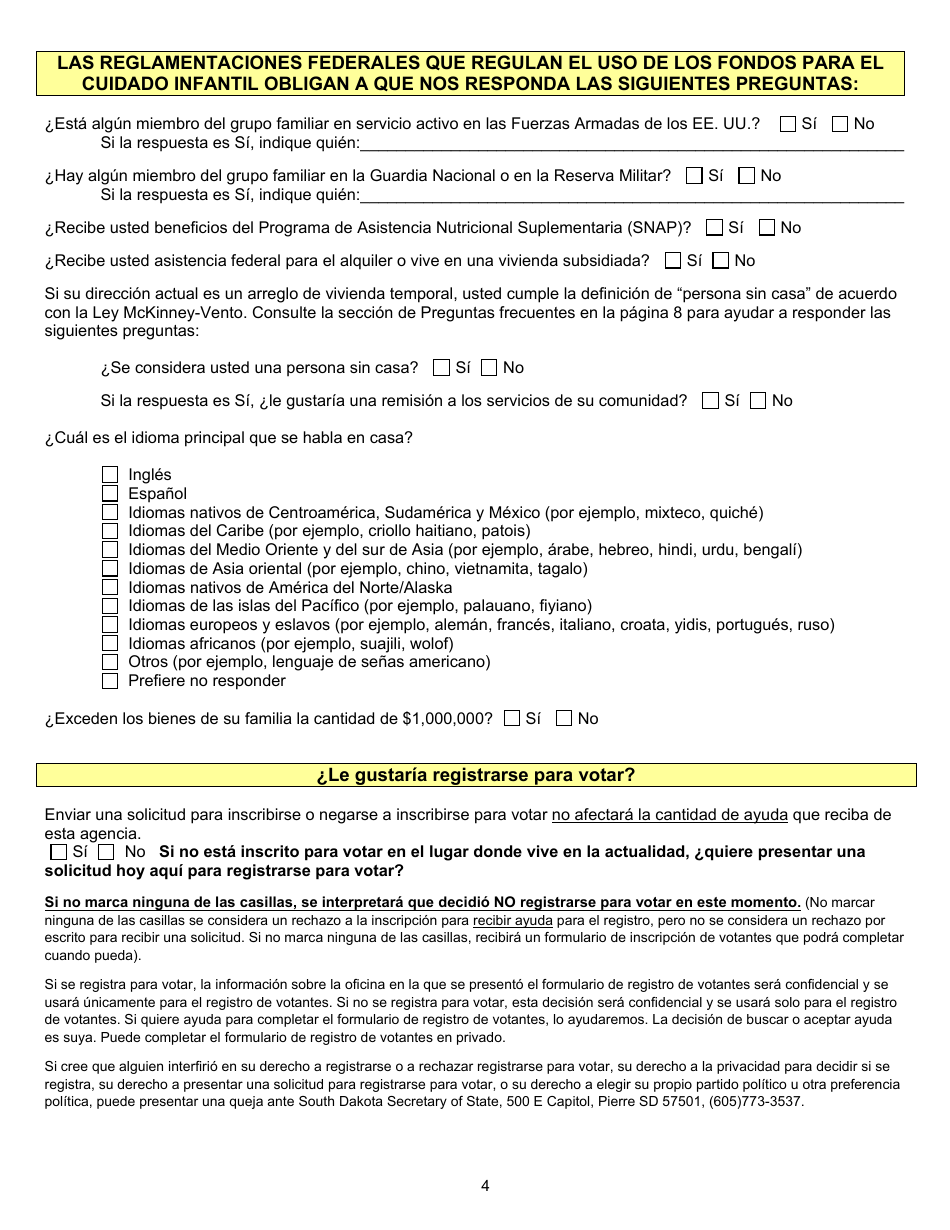 Formulario DSS-CC-950 Solicitud De Asistencia Para Cuidado Infantil - South Dakota (Spanish), Page 4