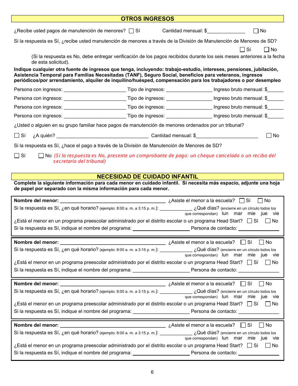 Formulario DSS-CC-950 Solicitud De Asistencia Para Cuidado Infantil - South Dakota (Spanish), Page 6