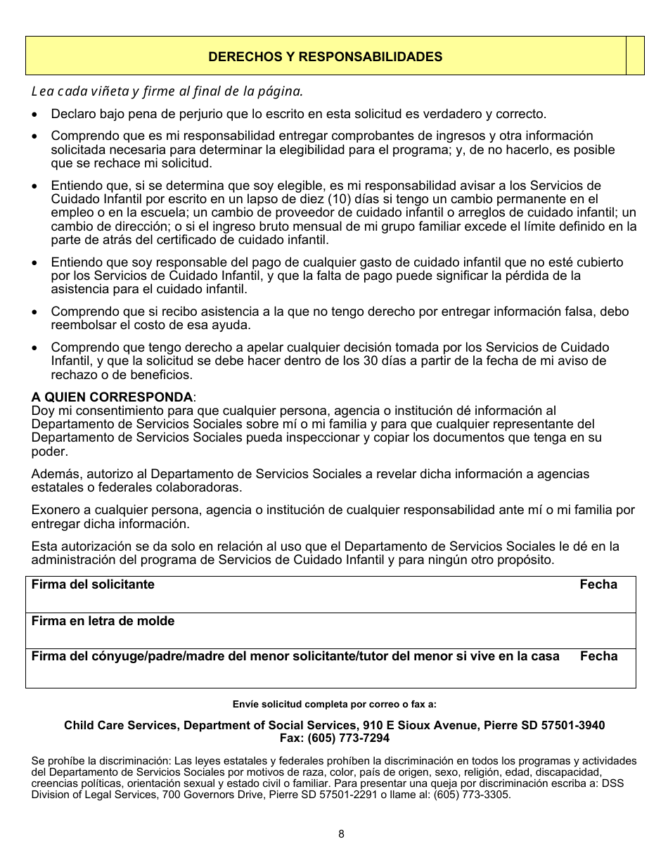 Formulario DSS-CC-950 Solicitud De Asistencia Para Cuidado Infantil - South Dakota (Spanish), Page 8