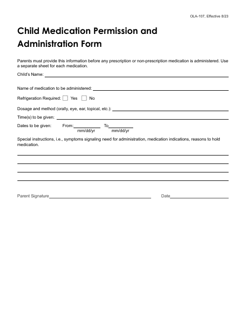 Form OLA-107 Child Medication Permission and Administration Form - South Dakota