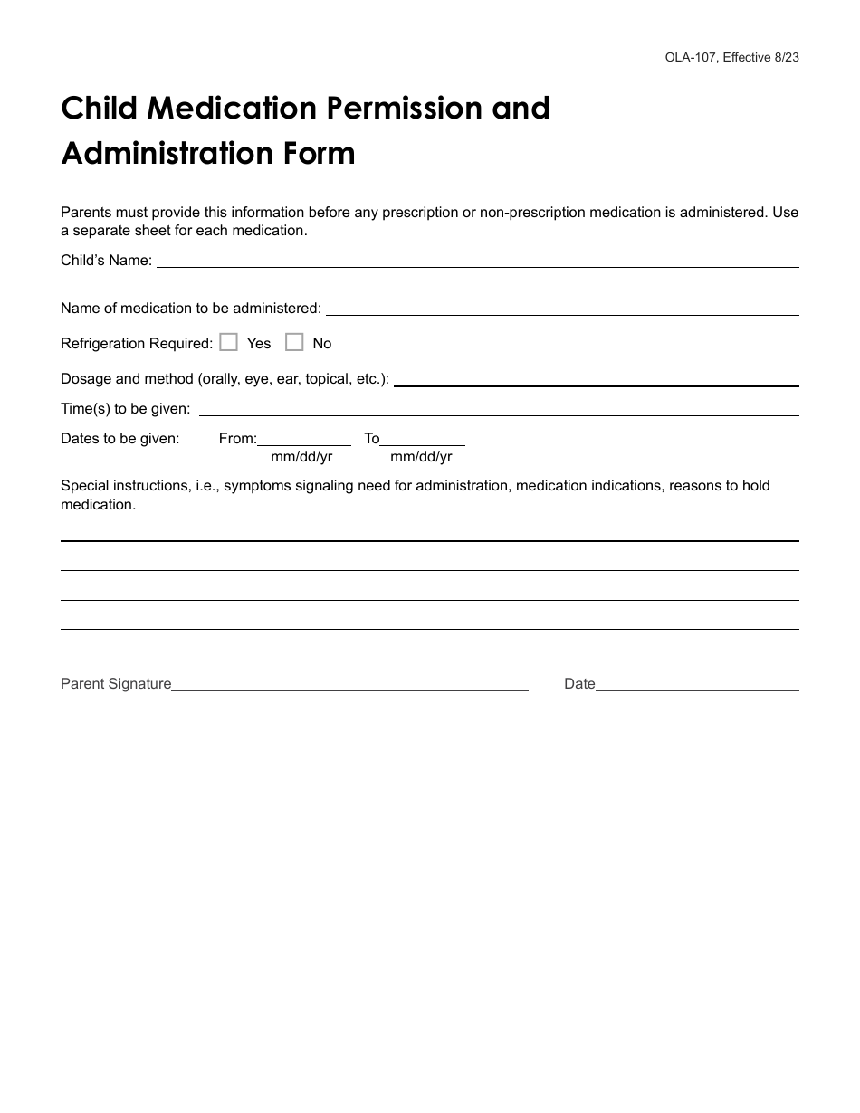 Form OLA-107 Child Medication Permission and Administration Form - South Dakota, Page 1