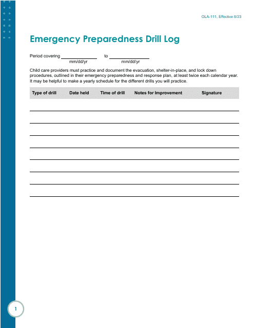 Form OLA-111 Emergency Preparedness Drill Log - South Dakota