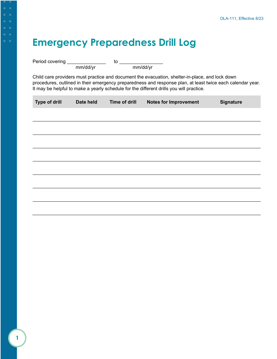 Form OLA-111 Emergency Preparedness Drill Log - South Dakota, Page 1