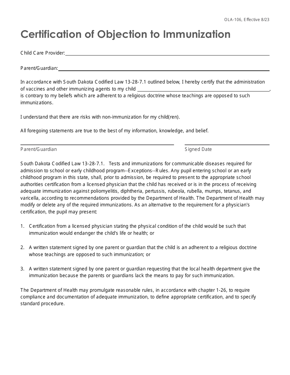 Form OLA-106 Certification of Objection to Immunization - South Dakota, Page 1