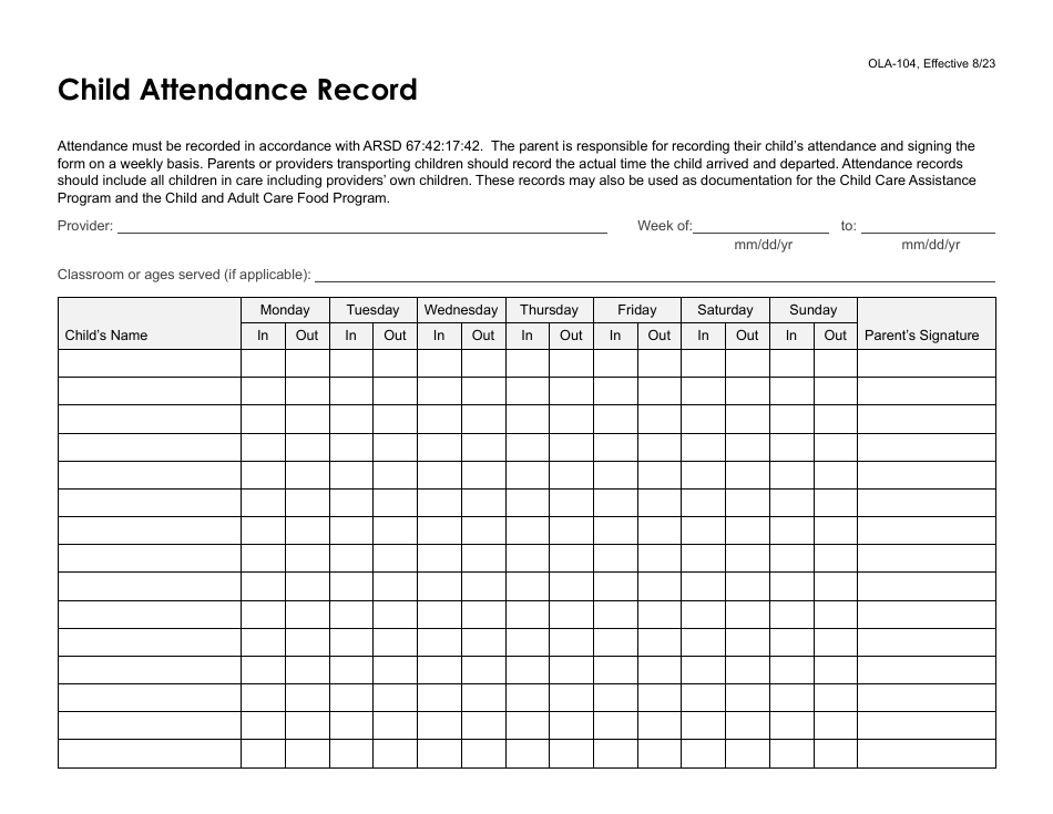 Form OLA-104 Child Attendance Record - South Dakota, Page 1