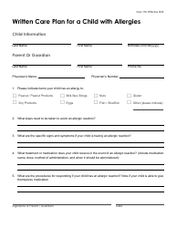 Document preview: Form OLA-118 Written Care Plan for a Child With Allergies - South Dakota