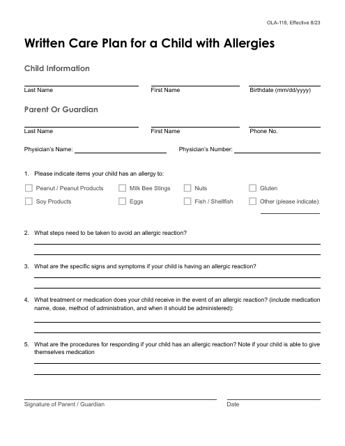 Form OLA-118 Written Care Plan for a Child With Allergies - South Dakota