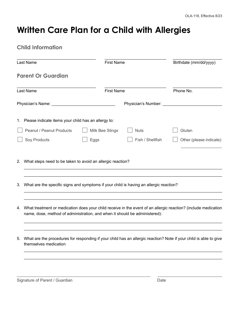 Form OLA-118 Written Care Plan for a Child With Allergies - South Dakota, Page 1