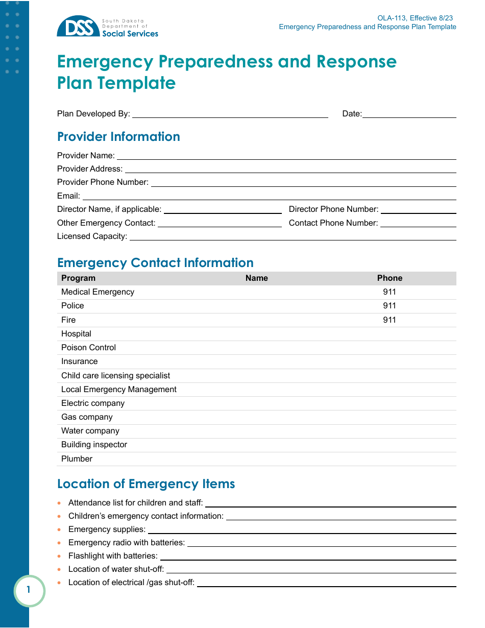 Form OLA-113 Emergency Preparedness and Response Plan Template - South Dakota, Page 1