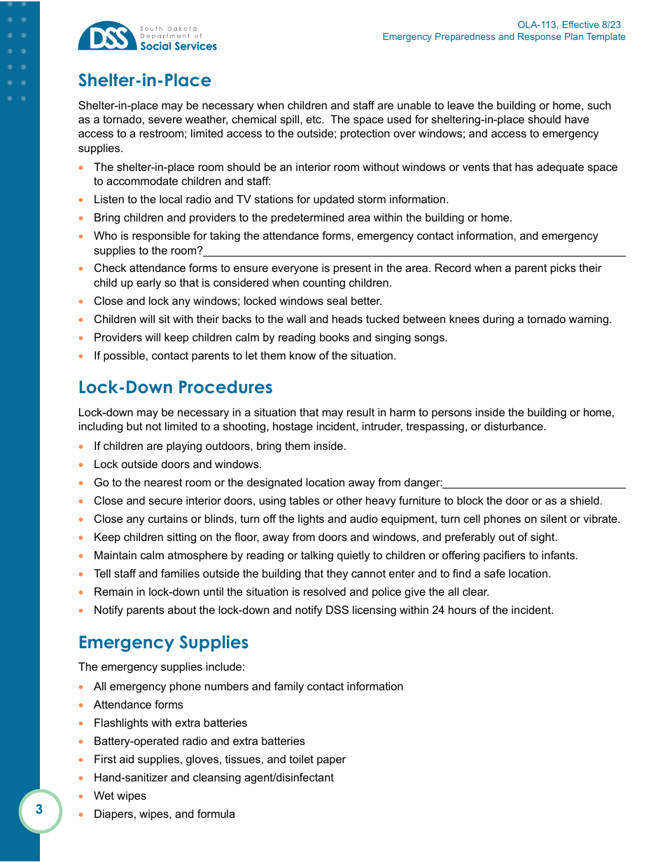 Form OLA-113 Emergency Preparedness and Response Plan Template - South Dakota, Page 3