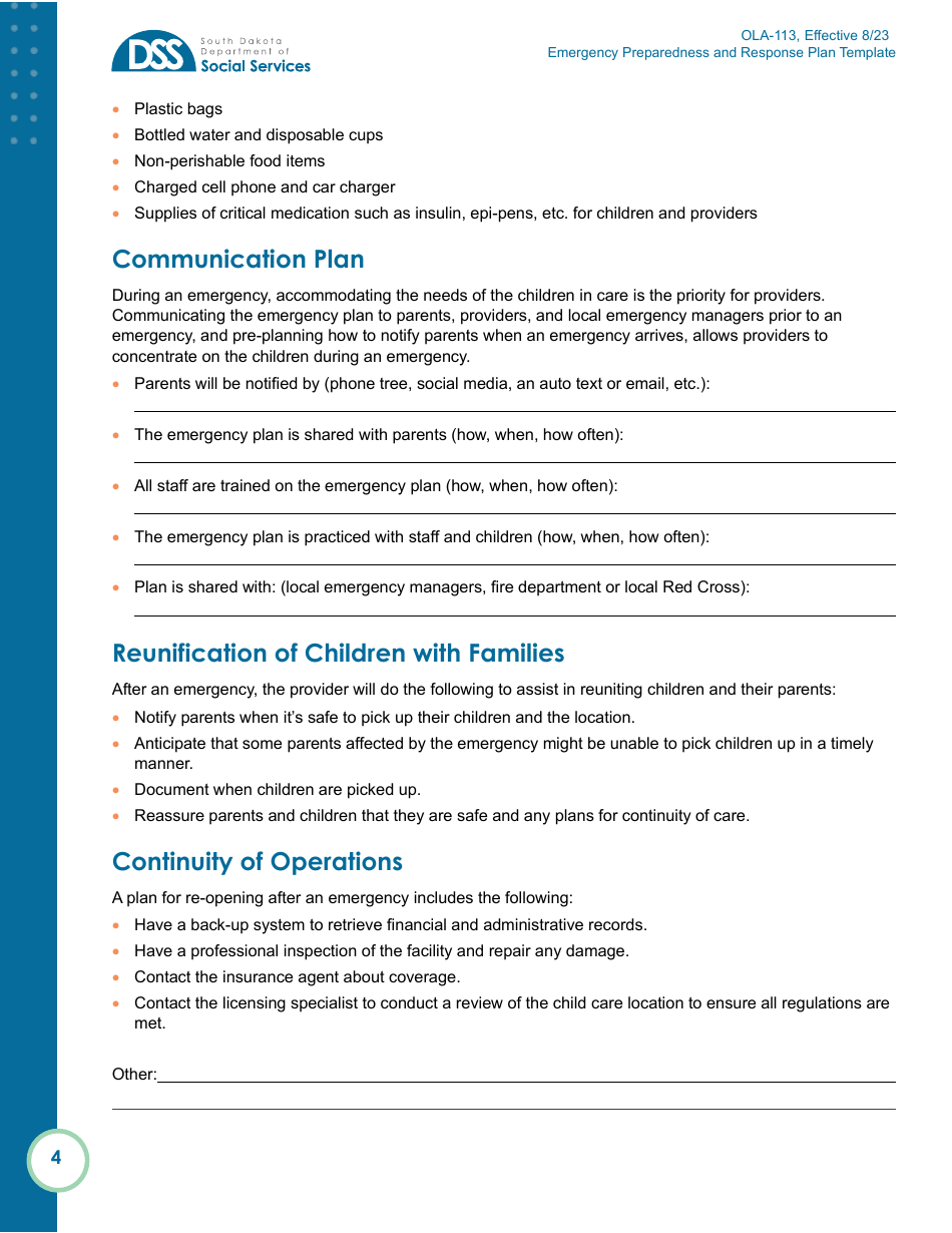 Form OLA-113 Emergency Preparedness and Response Plan Template - South Dakota, Page 4