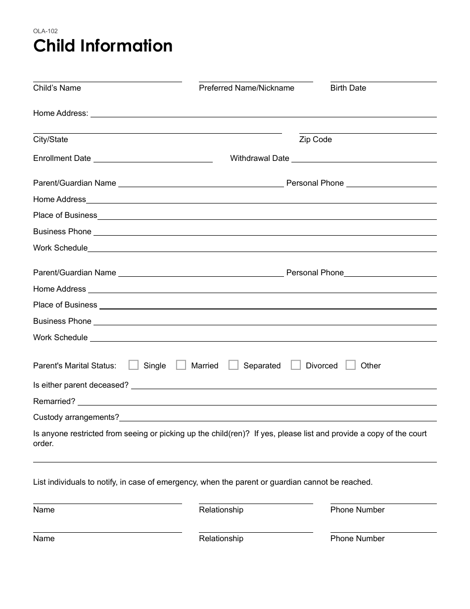 Form OLA-102 Child Information - South Dakota, Page 1