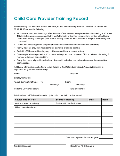Form OLA-101 Child Care Provider Training Record - South Dakota